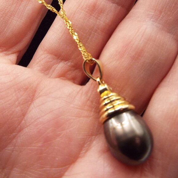 TAHITIAN 10 MM BLACK PEARL TEARDROP 14K GOLD CHAIN & SETTING NECKLACE 16 - Picture 2 of 4